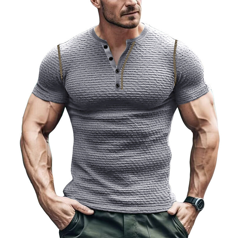 T-shirt Henley homme – Coupe slim – Maille gaufrée – Manches courtes respirantes