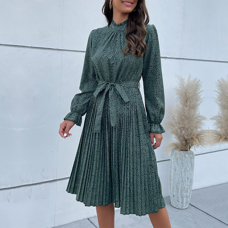 Robe midi femme – Coupe ajustée – Manches longues – Col montant – Taille ceinturée