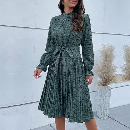 Robe midi femme – Coupe ajustée – Manches longues – Col montant – Taille ceinturée