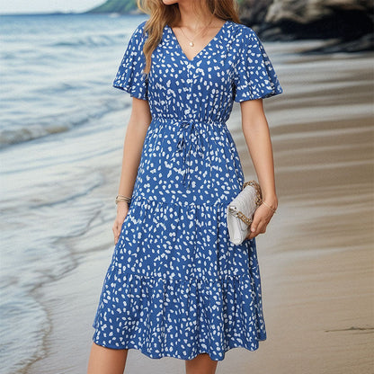 Robe midi femme – Coupe évasée confortable – Manches bouffantes – Boutonnée – Motif à pois
