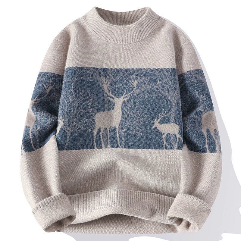 Homme Pull - Laine Mélangée - Col Montant - Motif Cerf - Manches Longues