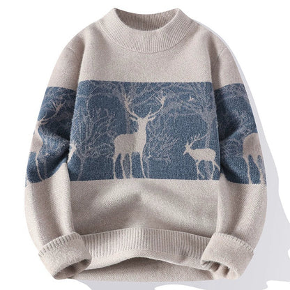 Homme Pull - Laine Mélangée - Col Montant - Motif Cerf - Manches Longues