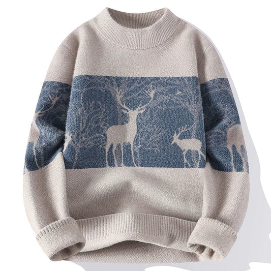 Homme Pull - Laine Mélangée - Col Montant - Motif Cerf - Manches Longues