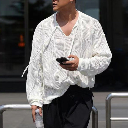 Pull homme – Maille ajourée légère – Coupe décontractée – Manches longues – Col V à cordon
