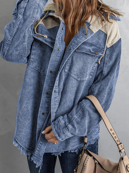 Veste à capuche femme – Coupe oversize – Velours côtelé – Ourlet effiloché – Boutons