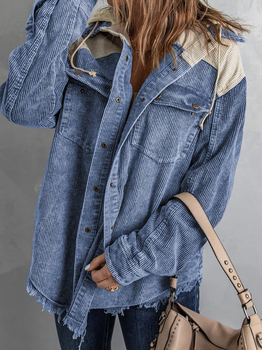 Veste à capuche femme – Coupe oversize – Velours côtelé – Ourlet effiloché – Boutons