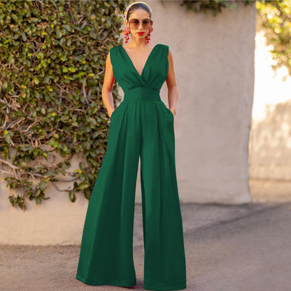 Combinaison femme – Sans manches – Taille haute – Jambes larges – Encolure en V