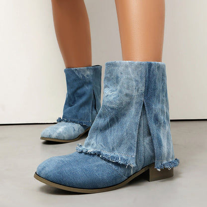 Bottines femme – Coupe décontractée – Talon plat – Tissu effet denim usé – Enfilage facile