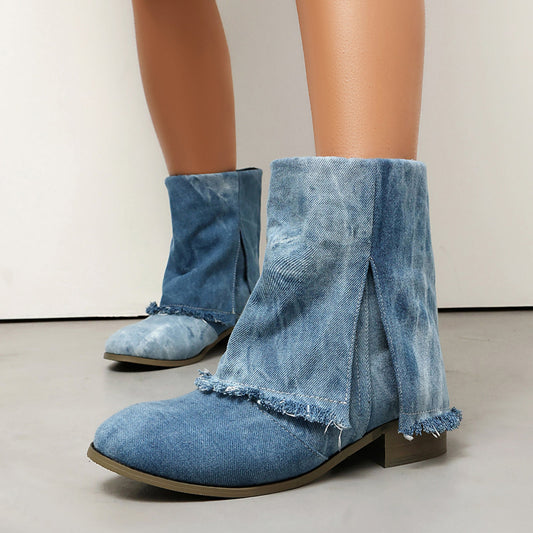 Bottines femme – Coupe décontractée – Talon plat – Tissu effet denim usé – Enfilage facile