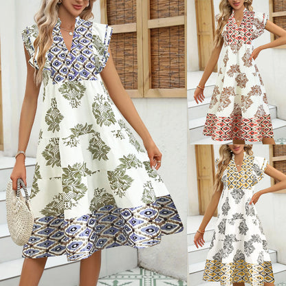 Robe midi femme – Col en V – Manches courtes – Coupe décontractée – Tissu respirant – Imprimé bohème