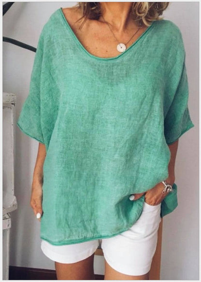 T-shirt femme – Coupe décontractée – En coton et lin – Col V – Manches courtes