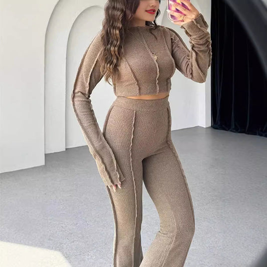 Ensemble femme tricoté – Coupe slim – Haut court manches longues – Pantalon taille haute