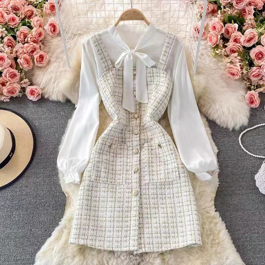 Robe Chasuble Femme – Coupe Cintrée – Tweed Texturé – Boutonnée – Blouse Nœud