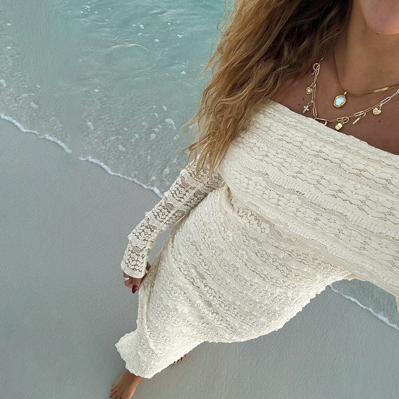 Robe longue femme – Dentelle élégante – Coupe ajustée – Épaules dénudées manches longues