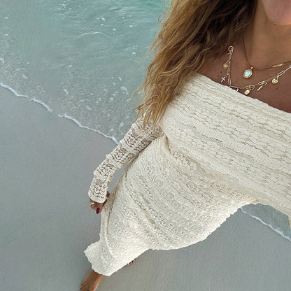 Robe longue femme – Dentelle élégante – Coupe ajustée – Épaules dénudées manches longues