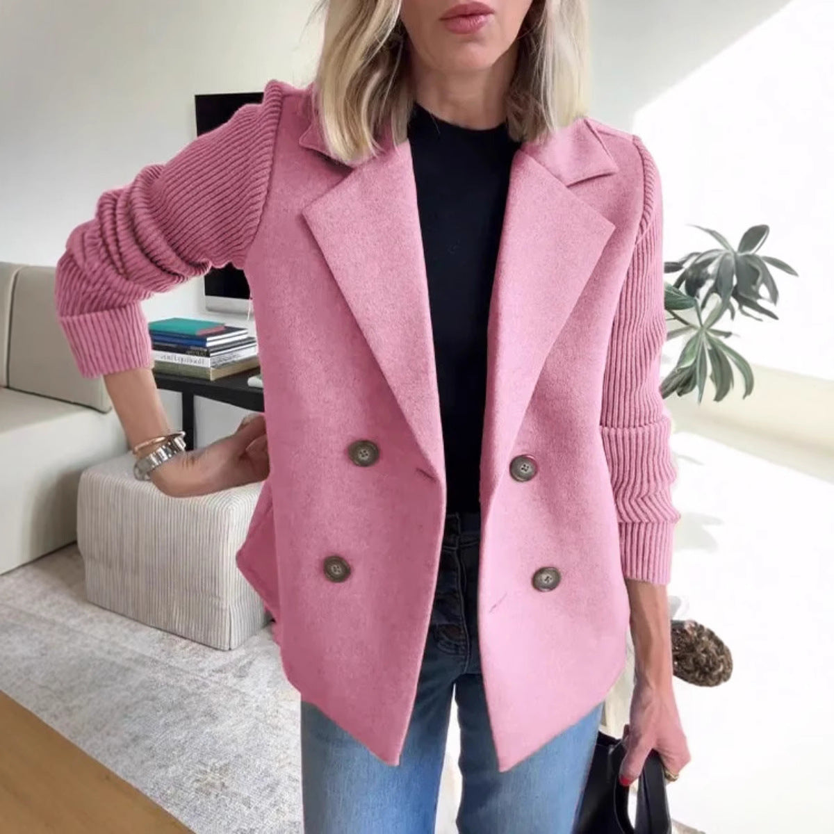 Veste blazer femme – Coupe oversize – Double boutonnage – Manches en maille côtelée