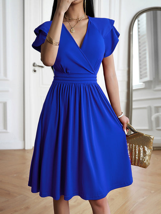 Robe midi femme – Décolleté cache-cœur – Manches papillon – Coupe évasée fluide
