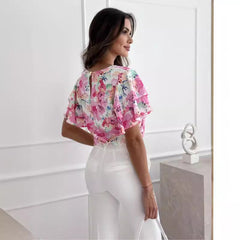 Blouse femme – Coupe décontractée – Manches à volants – Tissu respirant – Imprimé fleuri