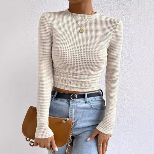 Top court femme – Manches longues – Ajusté – Taille froncée – Maille texturée douce