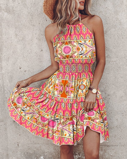Robe femme col halter – Coupe fluide – Coton – Taille smockée – Longueur midi