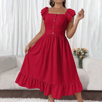 Robe midi femme – Coupe évasée – Manches à volants – Boutonnage – Col carré
