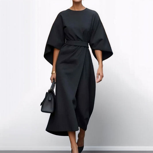 Women’s Belted Midi Dress with Wide Sleeves and Relaxed Fit