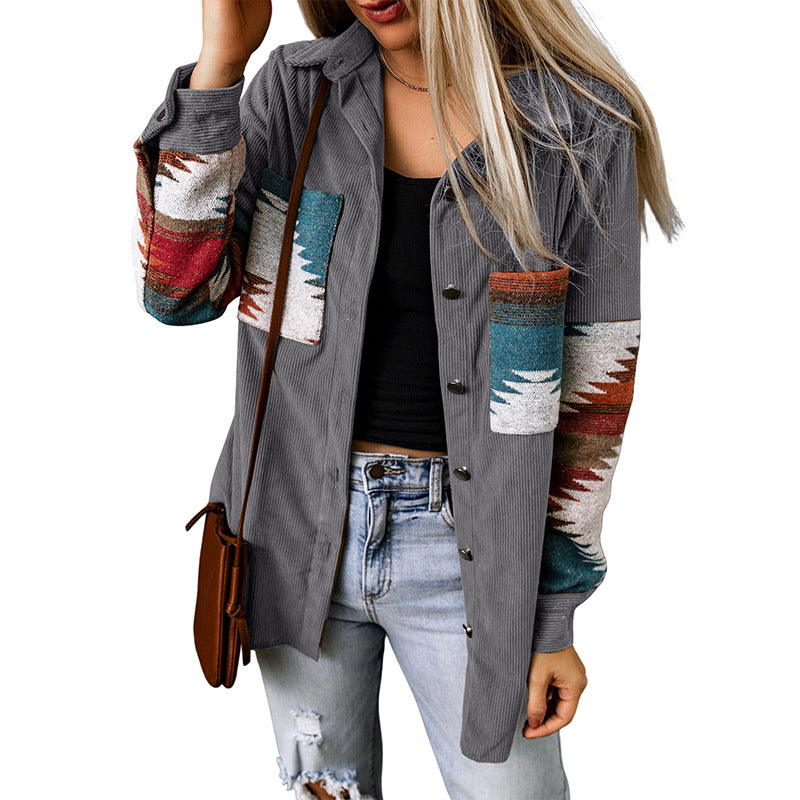 Veste cardigan femme – Coupe décontractée – Motif aztèque – Boutonnée – En velours côtelé