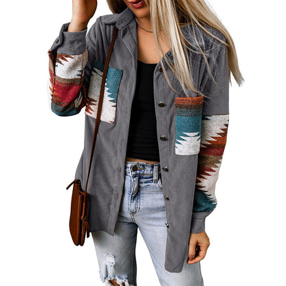 Veste cardigan femme – Coupe décontractée – Motif aztèque – Boutonnée – En velours côtelé