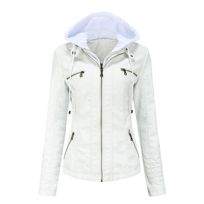 Veste à capuche femme – Simili cuir – Coupe cintrée – Capuche amovible – Poches zippées