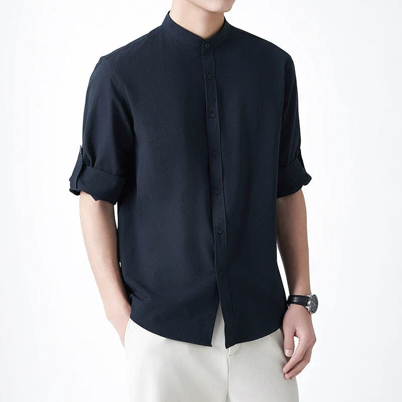 Homme Chemise - Tissu Tissé Texturé - Col Montant - Manches Trois-Quarts