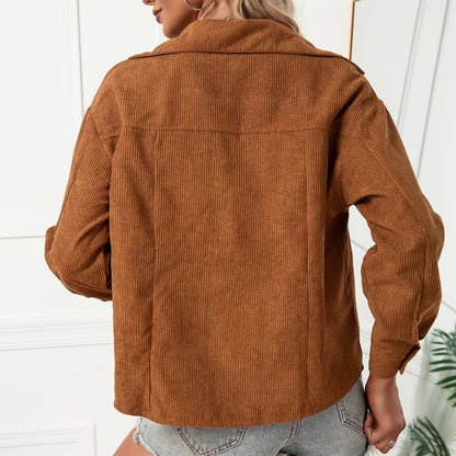 Veste chemise femme – Côtelé – Coupe décontractée – Col à revers – Boutonnage pression