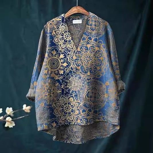Chemise femme manches longues – Coupe décontractée – V-col – Tissu respirant – Motifs imprimés