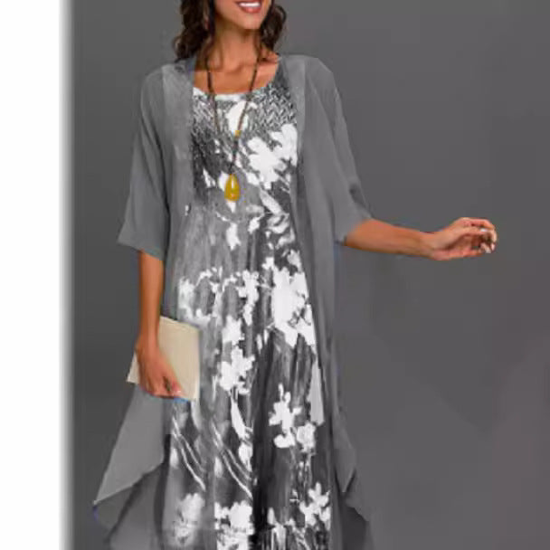 Robe Femme Ensemble Chiffon – Coupe Fluide – Imprimé Floral – Superposition Asymétrique
