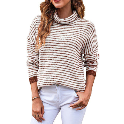 Women’s Turtleneck Knitwear – Relaxed Fit – Wool Blend – Striped – Ribbed Hem & Cuffs
