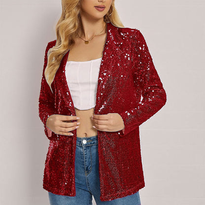Blazer femme – Coupe structurée – Tissu scintillant à sequins – Manches longues – Ouvert