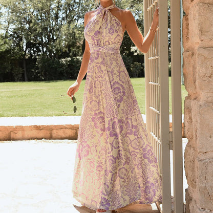 Robe longue femme – Dos nu – Col halter – Coupe élégante – Imprimé floral