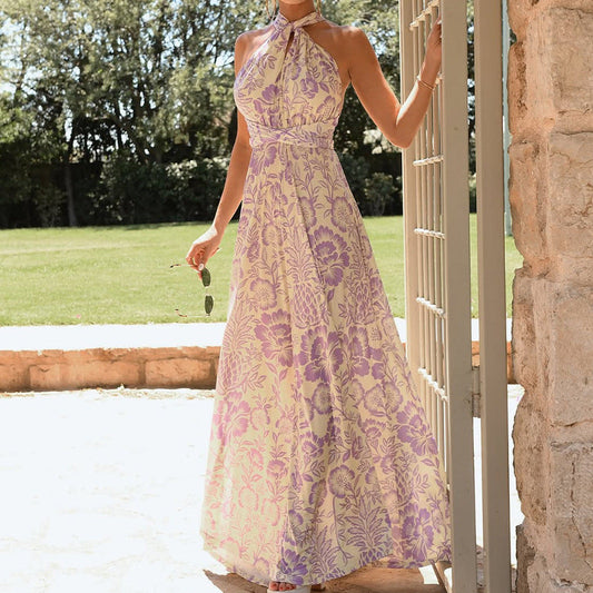 Robe longue femme – Dos nu – Col halter – Coupe élégante – Imprimé floral