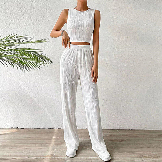 Ensemble Femme Deux Pièces – Top Court Sans Manches Ajusté – Pantalon Taille Haute Coupe Droite