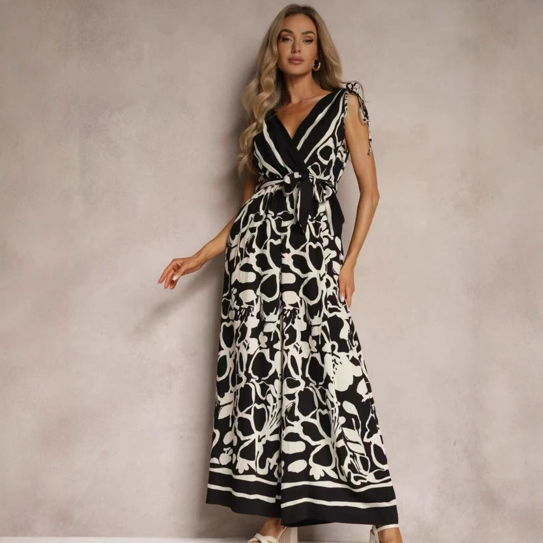 Combinaison femme – Sans manches – Décolleté en V – Taille nouée – Coupe fluide imprimée