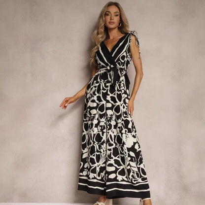 Combinaison femme – Sans manches – Décolleté en V – Taille nouée – Coupe fluide imprimée