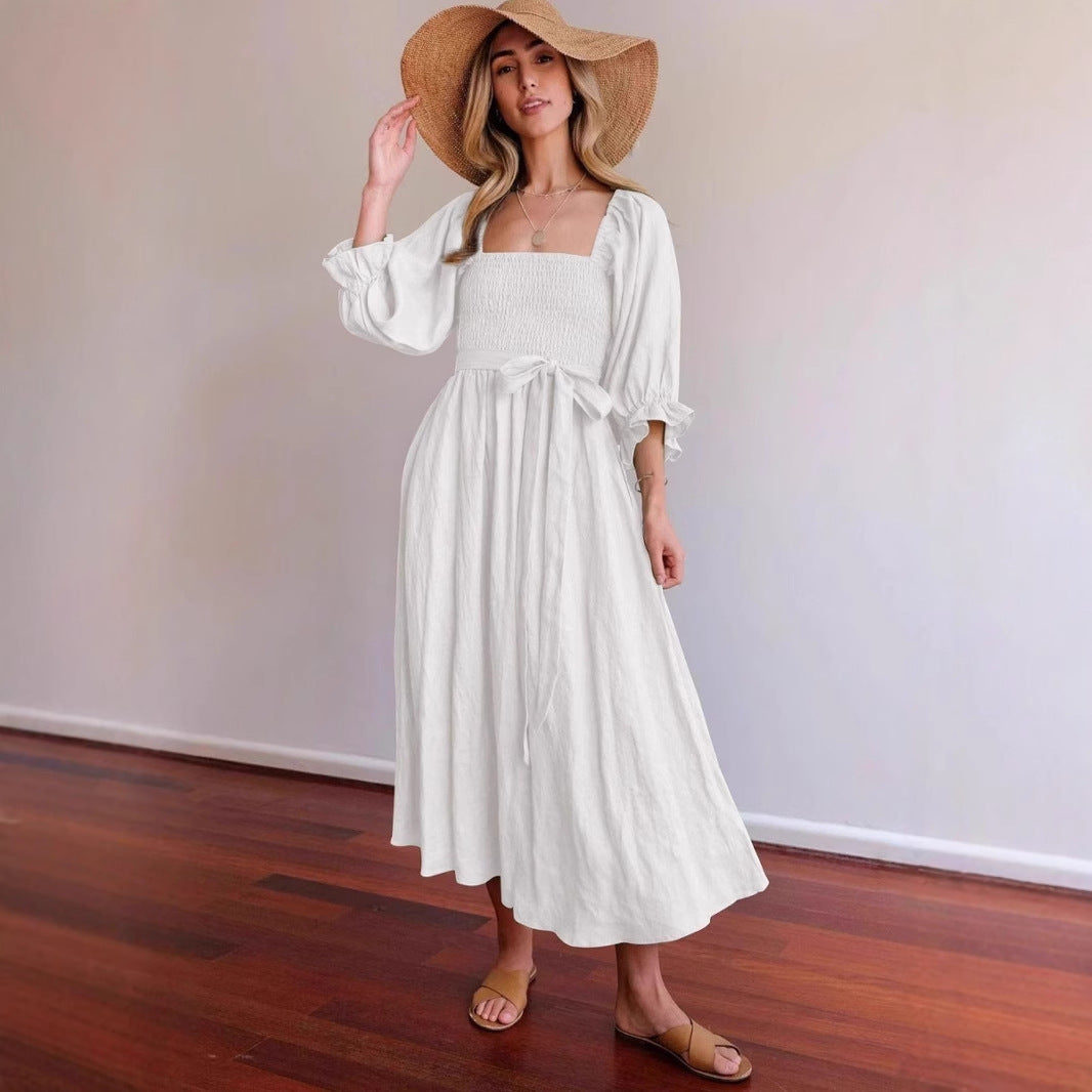 Robe midi femme – Corsage smocké – Taille haute ceinturée – Manches bouffantes