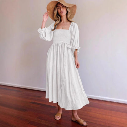 Robe midi femme – Corsage smocké – Taille haute ceinturée – Manches bouffantes