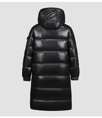 Manteau long femme – Duvet matelassé – Capuche – Finition brillante déperlante