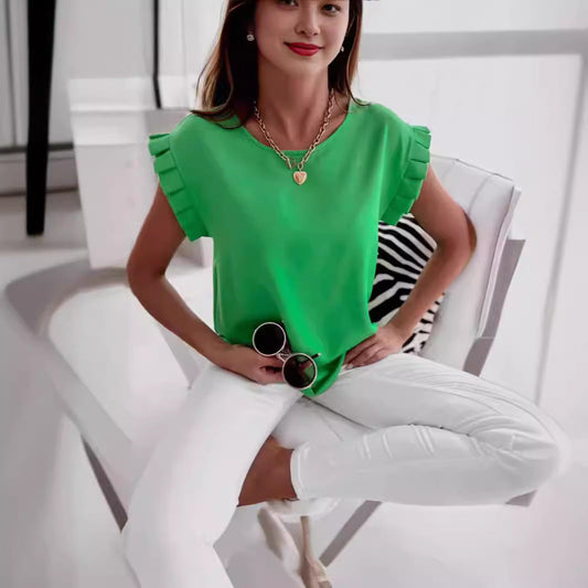 Blouse femme – Coupe décontractée – Tissu respirant – Manches à volants – Col rond