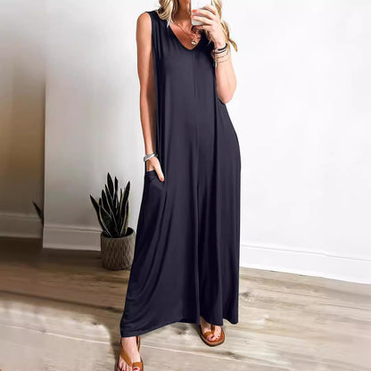 Robe longue femme – Sans manches – Décolleté en V – Coupe fluide – Maille douce avec poches