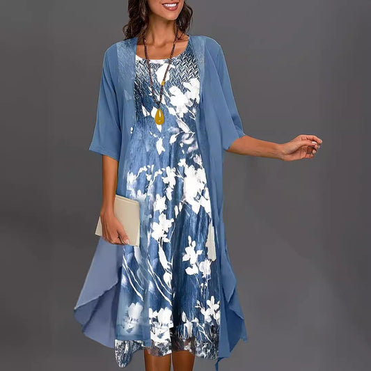 Robe Femme Ensemble Chiffon – Coupe Fluide – Imprimé Floral – Superposition Asymétrique