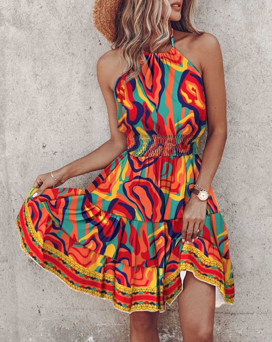 Robe femme col halter – Coupe fluide – Coton – Taille smockée – Longueur midi