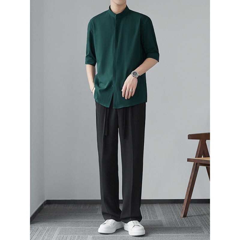 Chemise homme manches longues – Coupe décontractée – Col mao – Tissu fluide respirant