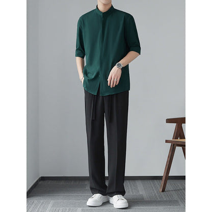 Chemise homme manches longues – Coupe décontractée – Col mao – Tissu fluide respirant