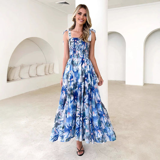 Robe longue femme – Bretelles réglables – Corsage smocké – Jupe évasée à volants